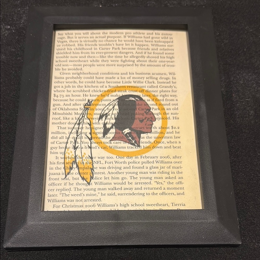 Framed Redskins Logo on Book Page